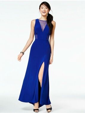 Morgan & Co. Juniors Blue Illusion V-Neck Side Slit A-Line Dress SZ 13